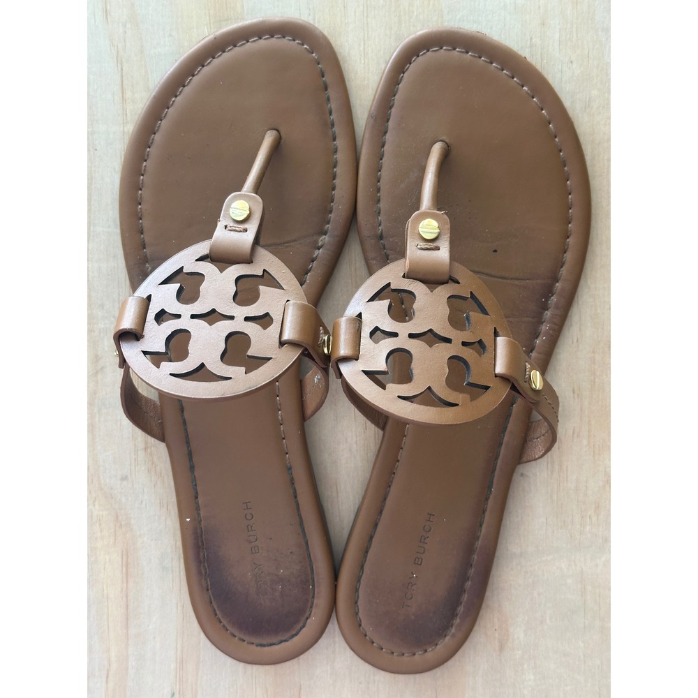 Tory Burch Miller Cloud Tan Leather Logo Thong Sandals Size 8.5 M